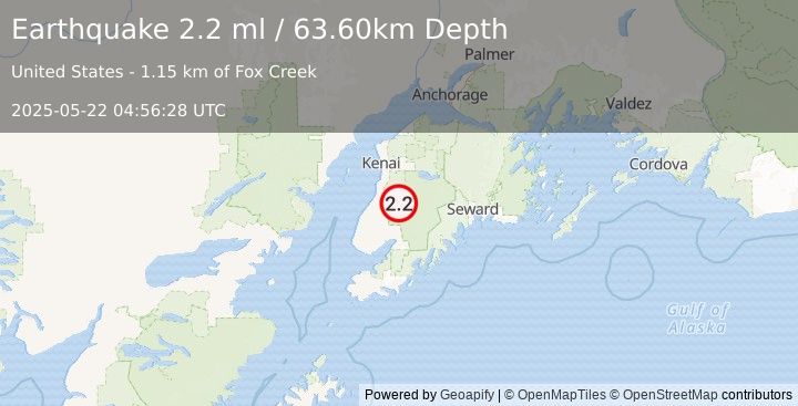 Earthquake 28 km ESE of Clam Gulch, Alaska (2.2 ml) (2025-05-22 04:56:28 UTC)