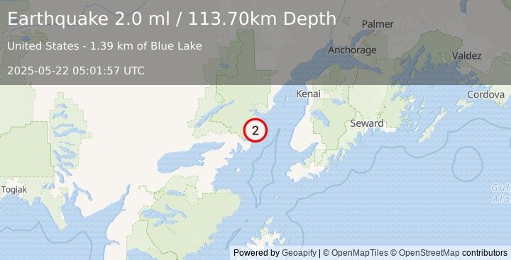Earthquake 64 km WNW of Anchor Point, Alaska (2.0 ml) (2025-05-22 05:01:57 UTC)
