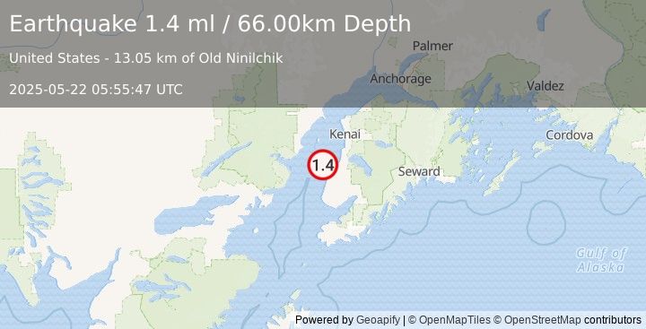 Earthquake 16 km NNW of Ninilchik, Alaska (1.4 ml) (2025-05-22 05:55:47 UTC)
