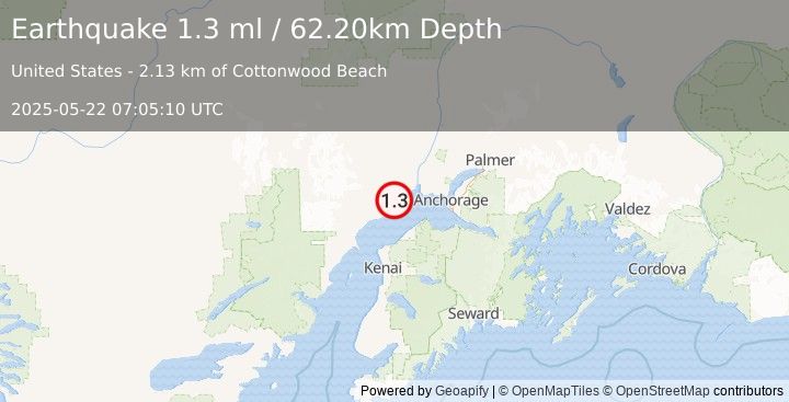 Earthquake 7 km NNE of Beluga, Alaska (1.3 ml) (2025-05-22 07:05:10 UTC)