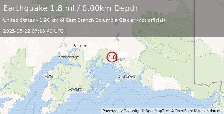 Earthquake 26 km WNW of Valdez, Alaska (1.8 ml) (2025-05-22 07:28:49 UTC)