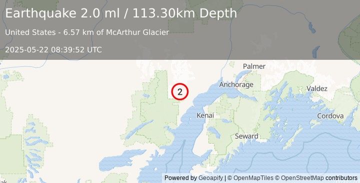 Earthquake 66 km W of Tyonek, Alaska (2.0 ml) (2025-05-22 08:39:52 UTC)