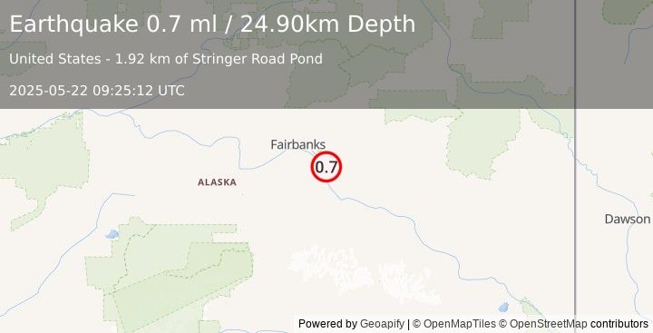 Earthquake 6 km SSE of Eielson Air Force Base, Alaska (0.7 ml) (2025-05-22 09:25:12 UTC)