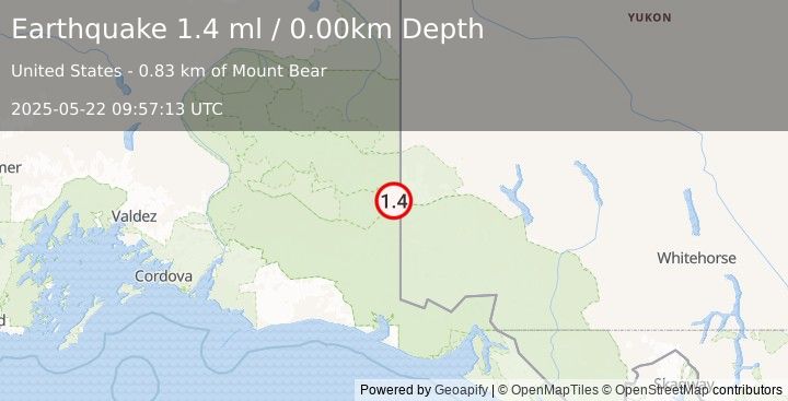 Earthquake 97 km E of McCarthy, Alaska (1.4 ml) (2025-05-22 09:57:13 UTC)