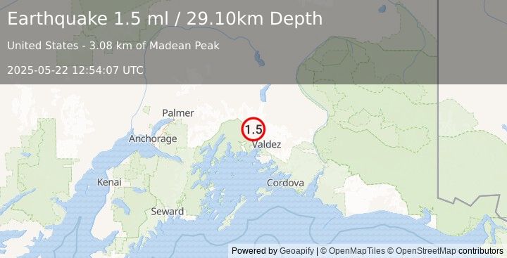 Earthquake 33 km NW of Valdez, Alaska (1.5 ml) (2025-05-22 12:54:07 UTC)