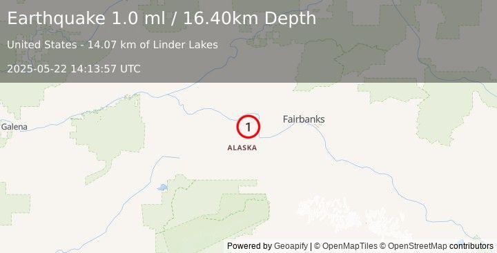 Earthquake 22 km NW of Four Mile Road, Alaska (1.0 ml) (2025-05-22 14:13:57 UTC)