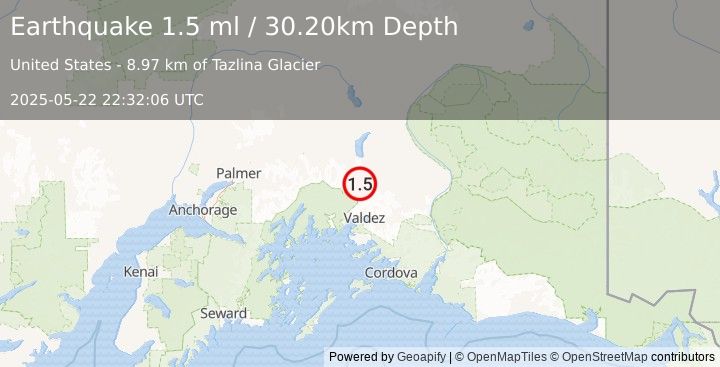 Earthquake 40 km N of Valdez, Alaska (1.5 ml) (2025-05-22 22:32:06 UTC)