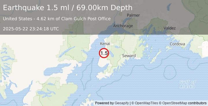 Earthquake 4 km SE of Clam Gulch, Alaska (1.5 ml) (2025-05-22 23:24:18 UTC)