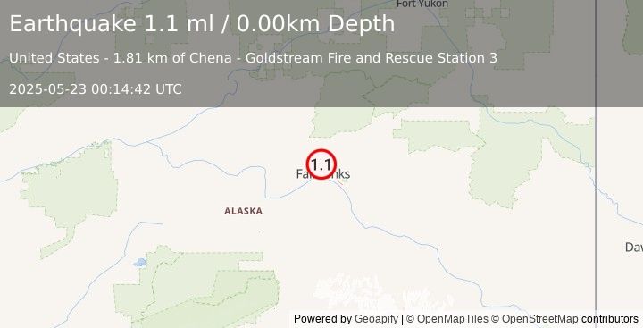 Earthquake 4 km NW of Farmers Loop, Alaska (1.1 ml) (2025-05-23 00:14:42 UTC)