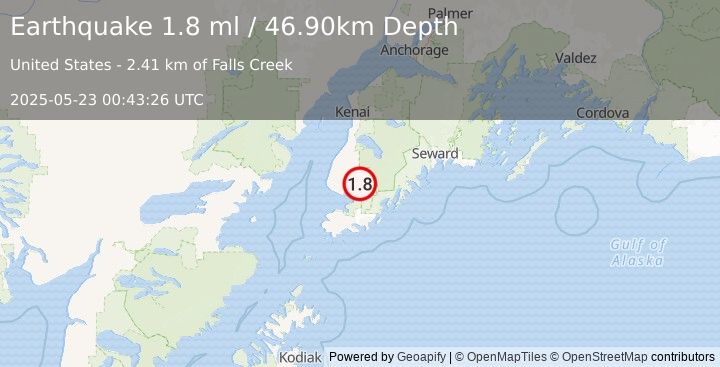 Earthquake 11 km ENE of Fritz Creek, Alaska (1.8 ml) (2025-05-23 00:43:26 UTC)