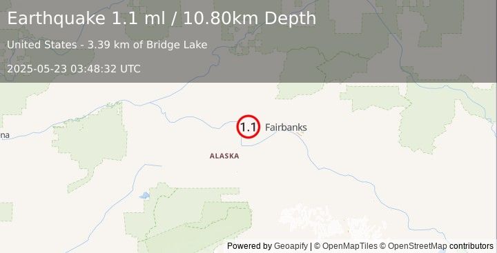 Earthquake 28 km NNE of Four Mile Road, Alaska (1.1 ml) (2025-05-23 03:48:32 UTC)