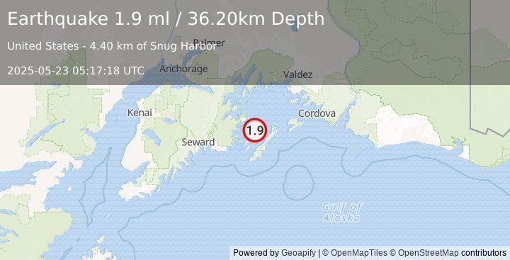 Earthquake 30 km NE of Chenega, Alaska (1.9 ml) (2025-05-23 05:17:18 UTC)