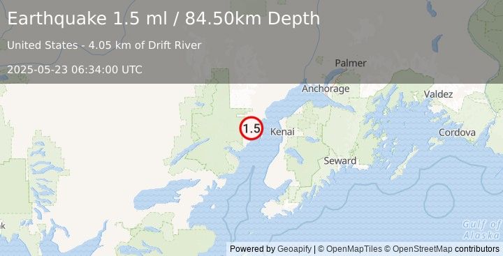 Earthquake 49 km W of Salamatof, Alaska (1.5 ml) (2025-05-23 06:34:00 UTC)
