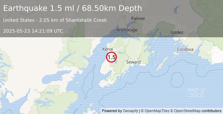 Earthquake 17 km ESE of Kasilof, Alaska (1.5 ml) (2025-05-23 14:21:09 UTC)