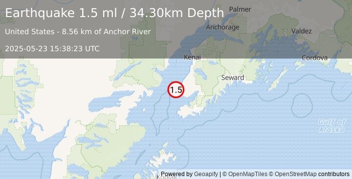 Earthquake 10 km WNW of Anchor Point, Alaska (1.5 ml) (2025-05-23 15:38:23 UTC)