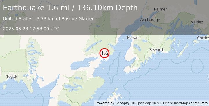 Earthquake 46 km ENE of Pedro Bay, Alaska (1.6 ml) (2025-05-23 17:58:00 UTC)