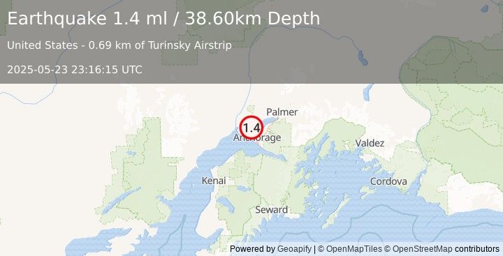 Earthquake 4 km W of Point MacKenzie, Alaska (1.4 ml) (2025-05-23 23:16:15 UTC)