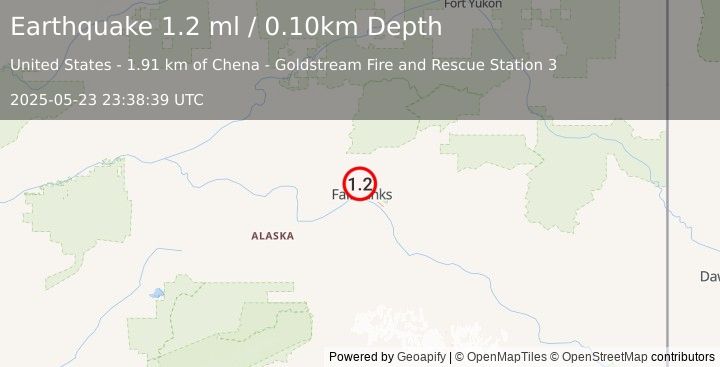 Earthquake 4 km NW of Farmers Loop, Alaska (1.2 ml) (2025-05-23 23:38:39 UTC)
