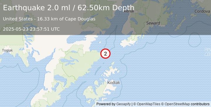 Earthquake 78 km SW of Nanwalek, Alaska (2.0 ml) (2025-05-23 23:57:51 UTC)