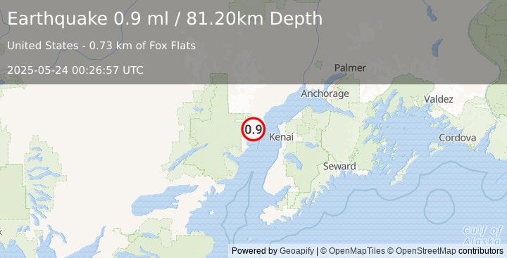 Earthquake 44 km W of Salamatof, Alaska (0.9 ml) (2025-05-24 00:26:57 UTC)