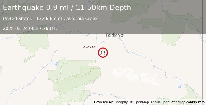 Earthquake 27 km E of Clear, Alaska (0.9 ml) (2025-05-24 00:57:36 UTC)
