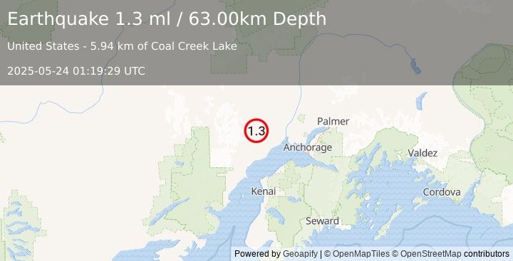 Earthquake 41 km NNW of Beluga, Alaska (1.3 ml) (2025-05-24 01:19:29 UTC)