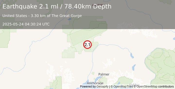Earthquake 41 km NNE of Petersville, Alaska (2.1 ml) (2025-05-24 04:30:24 UTC)