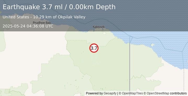 Earthquake 70 km SSW of Kaktovik, Alaska (3.7 ml) (2025-05-24 04:36:08 UTC)