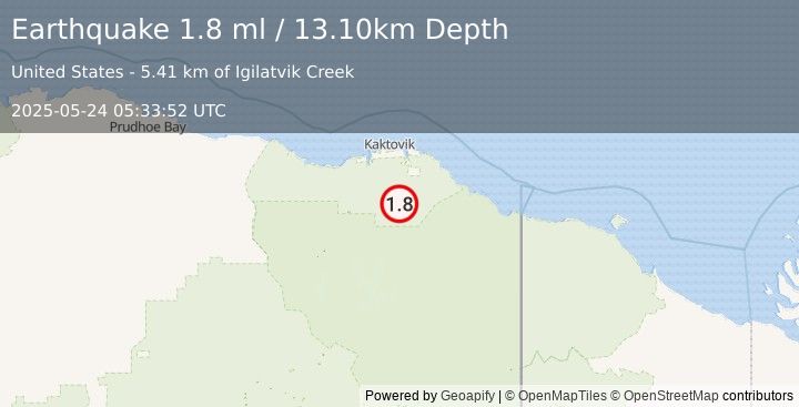Earthquake 46 km S of Kaktovik, Alaska (1.8 ml) (2025-05-24 05:33:52 UTC)