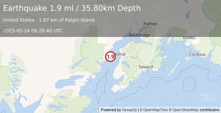 Earthquake 37 km W of Kalifornsky, Alaska (1.9 ml) (2025-05-24 06:28:40 UTC)