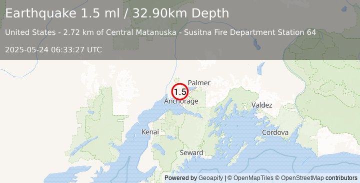 Earthquake 6 km NNE of Point MacKenzie, Alaska (1.5 ml) (2025-05-24 06:33:27 UTC)