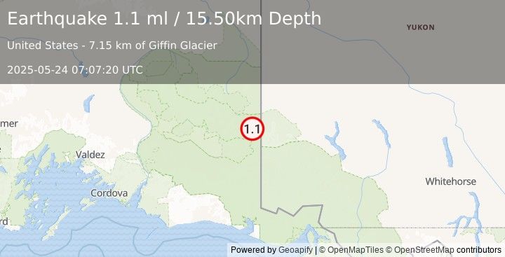 Earthquake 88 km E of McCarthy, Alaska (1.1 ml) (2025-05-24 07:07:20 UTC)