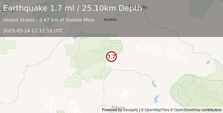 Earthquake 34 km WSW of Cantwell, Alaska (1.7 ml) (2025-05-24 12:11:55 UTC)