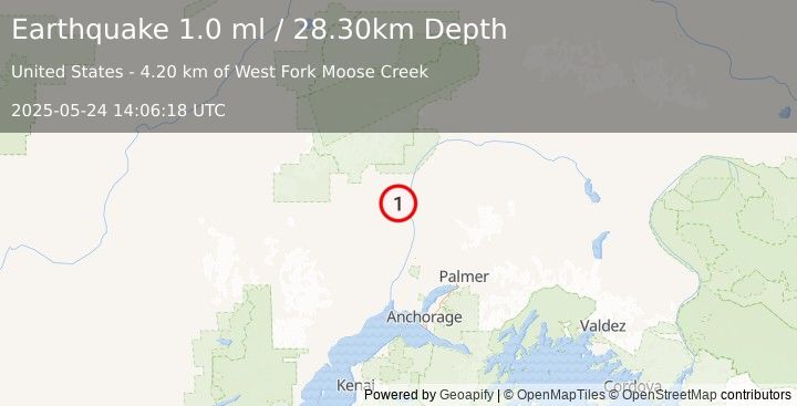 Earthquake 9 km WSW of Trapper Creek, Alaska (1.0 ml) (2025-05-24 14:06:18 UTC)