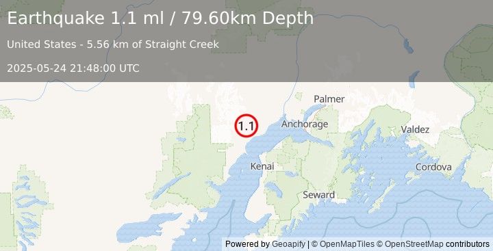 Earthquake 36 km WNW of Tyonek, Alaska (1.1 ml) (2025-05-24 21:48:00 UTC)