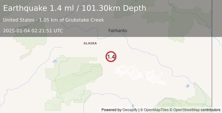 Earthquake 42 km ENE of Healy, Alaska (1.4 ml) (2025-01-04 02:21:51 UTC)