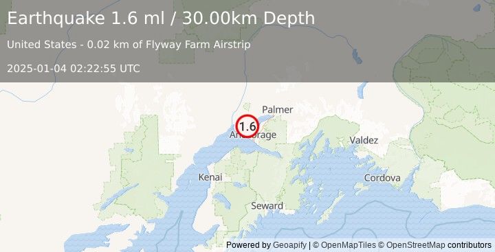 Earthquake 5 km WSW of Point MacKenzie, Alaska (1.6 ml) (2025-01-04 02:22:55 UTC)