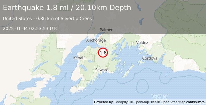 Earthquake 15 km SSE of Sunrise, Alaska (1.8 ml) (2025-01-04 02:53:53 UTC)