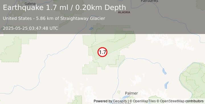 Earthquake 54 km SSE of Denali National Park, Alaska (1.7 ml) (2025-05-25 03:47:48 UTC)