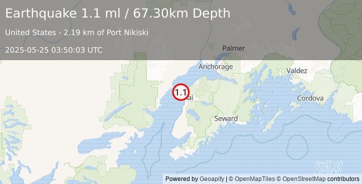 Earthquake 6 km WSW of Nikiski, Alaska (1.1 ml) (2025-05-25 03:50:03 UTC)