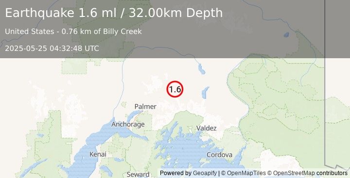 Earthquake 19 km NNW of Glacier View, Alaska (1.6 ml) (2025-05-25 04:32:48 UTC)