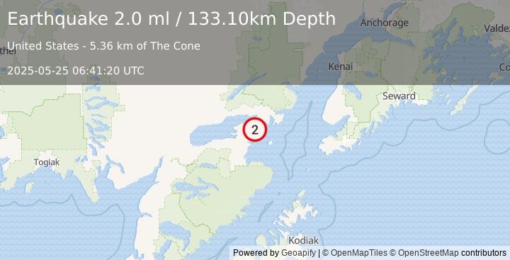Earthquake 26 km SSE of Pedro Bay, Alaska (2.0 ml) (2025-05-25 06:41:20 UTC)