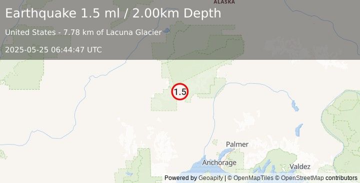 Earthquake 48 km WNW of Petersville, Alaska (1.5 ml) (2025-05-25 06:44:47 UTC)
