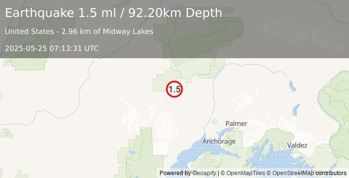 Earthquake 46 km NW of Skwentna, Alaska (1.5 ml) (2025-05-25 07:13:31 UTC)