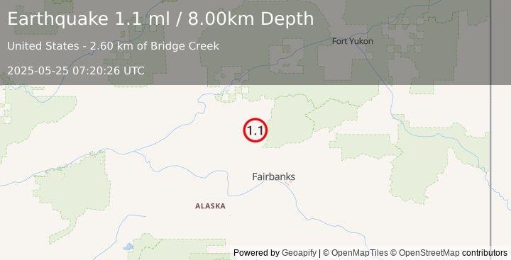 Earthquake 15 km SE of Livengood, Alaska (1.1 ml) (2025-05-25 07:20:26 UTC)