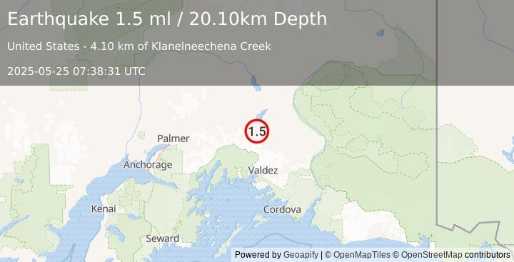 Earthquake 34 km SSE of Nelchina, Alaska (1.5 ml) (2025-05-25 07:38:31 UTC)
