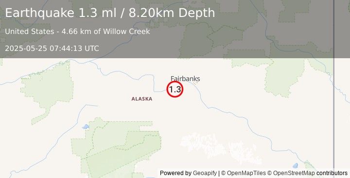 Earthquake 25 km SSW of Ester, Alaska (1.3 ml) (2025-05-25 07:44:13 UTC)