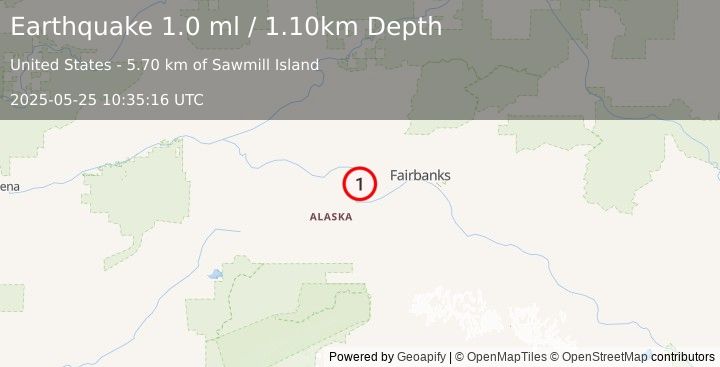 Earthquake 17 km NNE of Four Mile Road, Alaska (1.0 ml) (2025-05-25 10:35:16 UTC)