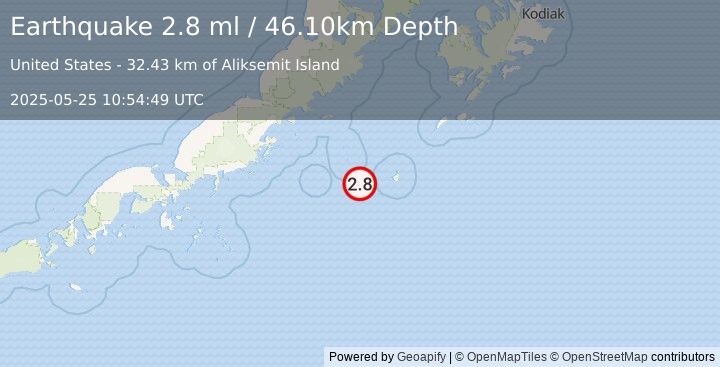 Earthquake 137 km ESE of Chignik, Alaska (2.8 ml) (2025-05-25 10:54:49 UTC)