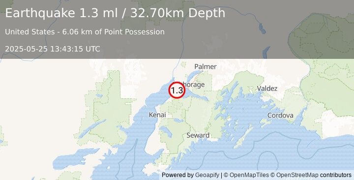 Earthquake 25 km NE of Point Possession, Alaska (1.3 ml) (2025-05-25 13:43:15 UTC)